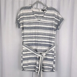 Madewell Women’s‎ XS Short Sleeve V-Neck Striped Tie Waist Linen Blend Romper
